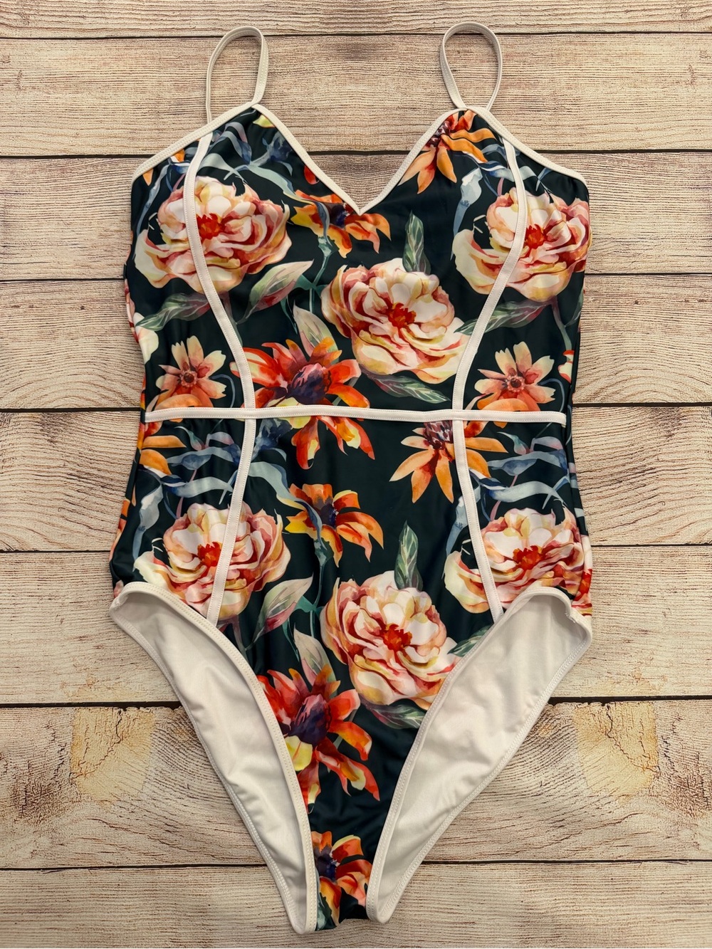 Cupshe Floral One-Piece Swimsuit with White Trim - Large